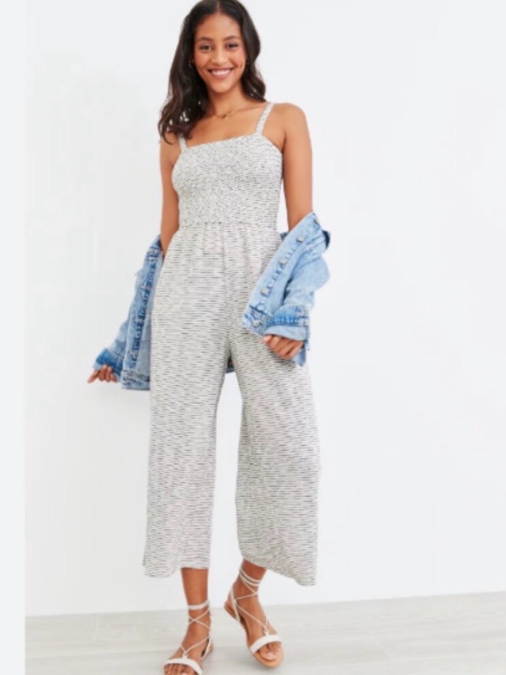 Old Navy Smocked Wide-Leg Jumpsuit in Ivory/Black Heather Stripe
